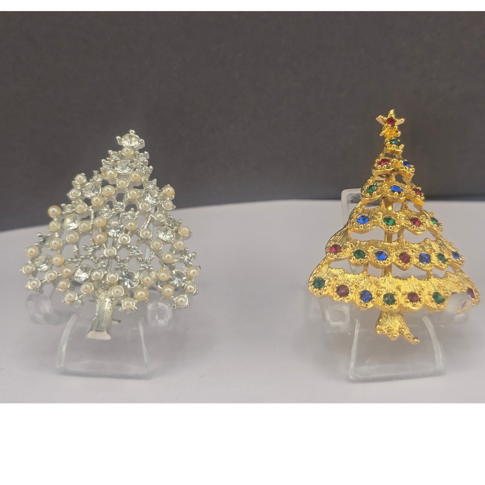 Vintage Eisenberg Ice Brooch Lot Christmas Tree Rhinestone 2pc